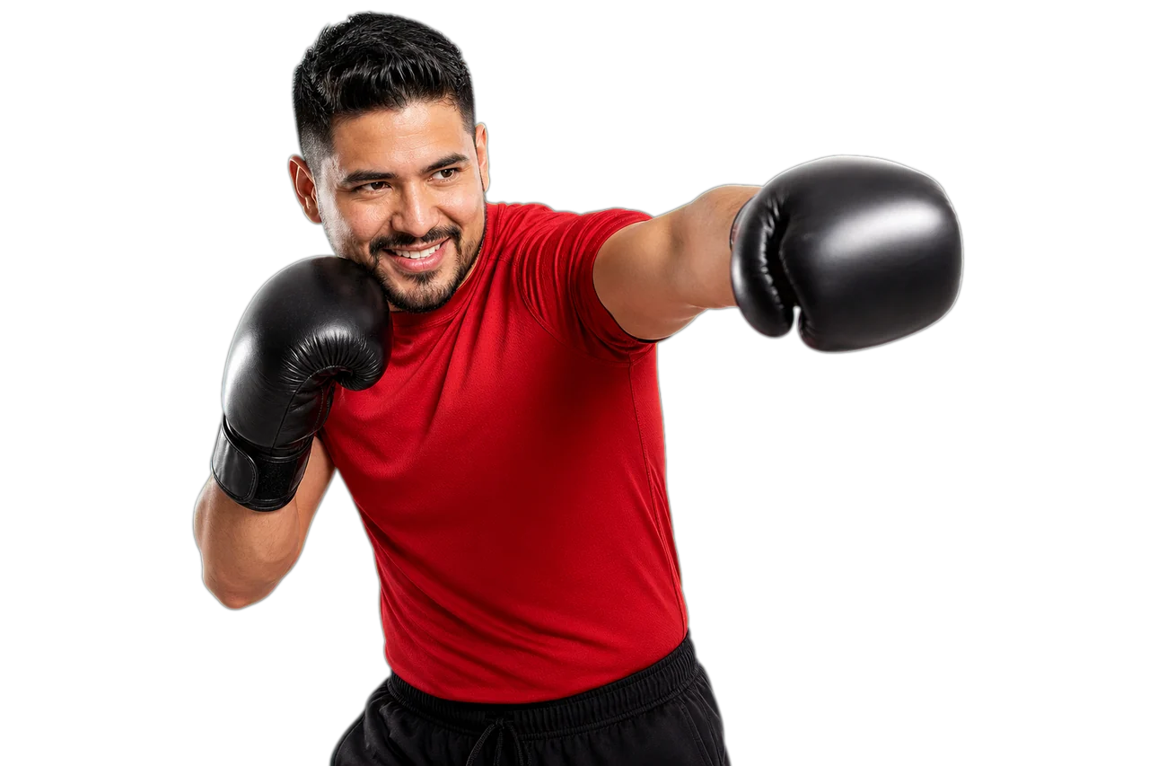 Man Boxing Cross Shirt Roanoke Kickboxing Fitness Transparent cutout of a different man in a shirt smiling while throwing a boxing cross for Roanoke kickboxing fitness