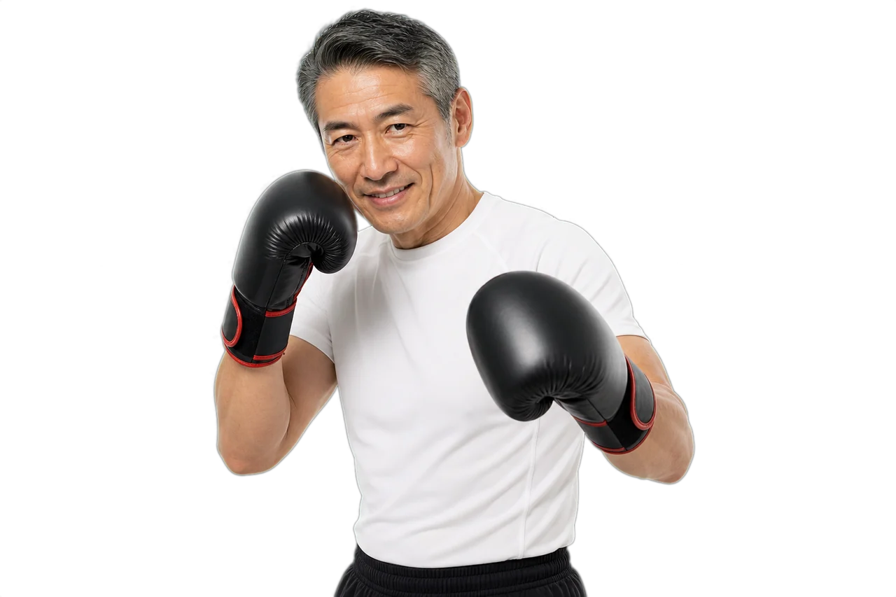 Man Boxing Guard Shirt Roanoke Fitness Transparent cutout of a different man in a shirt smiling in a boxing guard stance for Roanoke fitness