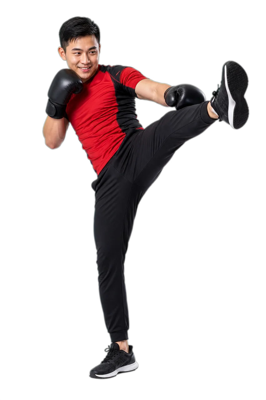 Man Kickboxing Front Kick Sneakers Roanoke Fitness Transparent cutout of a different man in a shirt and sneakers doing a kickboxing front kick for Roanoke fitness
