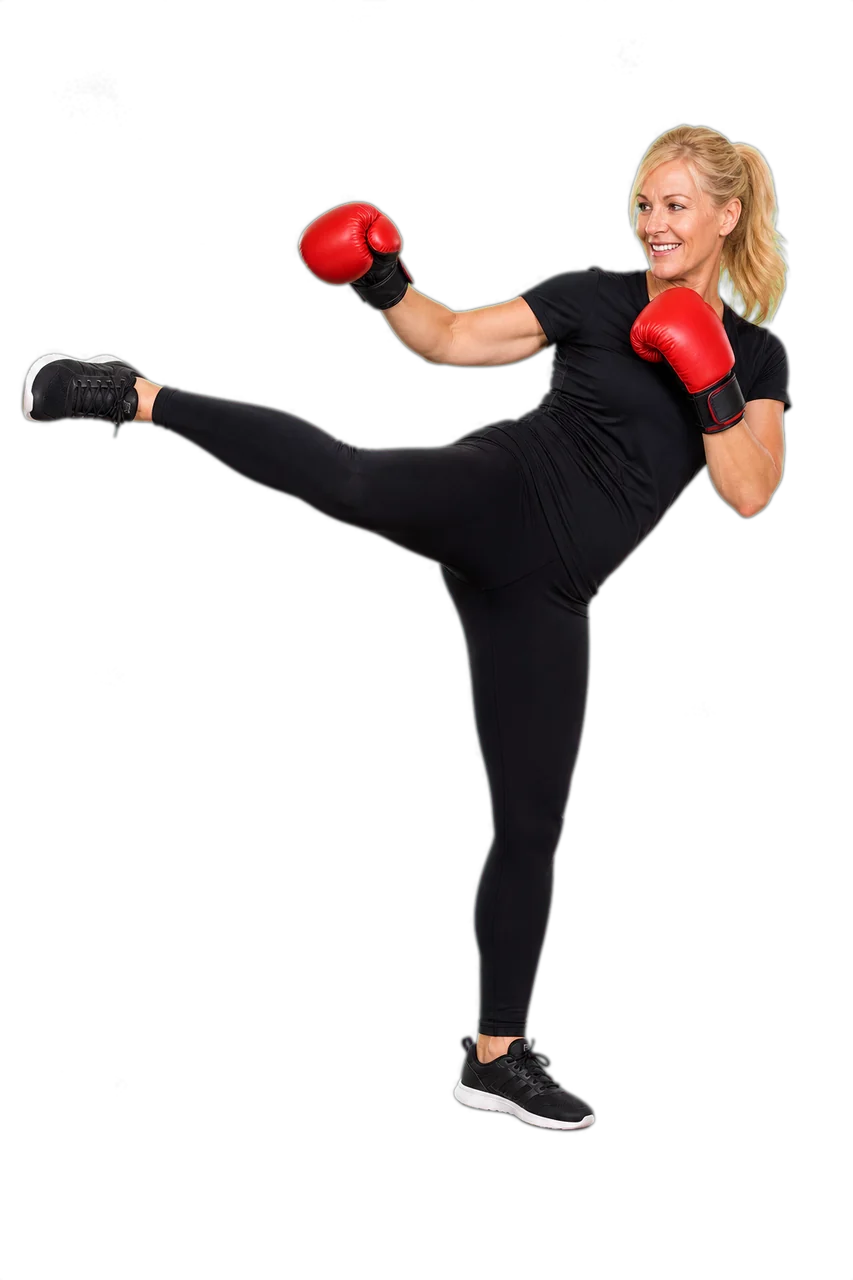 Woman Kickboxing Roundhouse Sneakers Roanoke Fitness Transparent cutout of a different woman in a shirt and sneakers doing a kickboxing roundhouse kick for Roanoke fitness